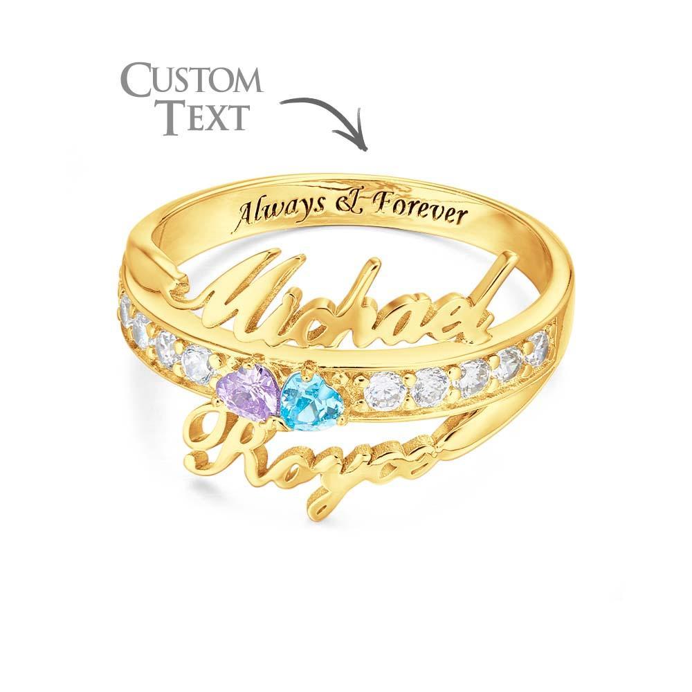 Bague De Promesse Avec Nom Et Texte Personnalisés, Double Cœur, Pierre De Naissance, Cadeau D'anniversaire - votrecollierprenomfr