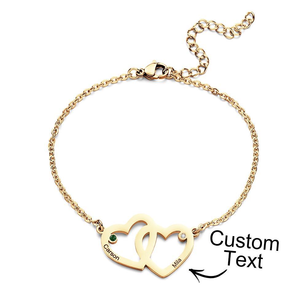 Bracelet À Double Cœur Gravable Avec Chaîne De Pierre De Naissance, Cadeaux Pour Femmes - votrecollierprenomfr