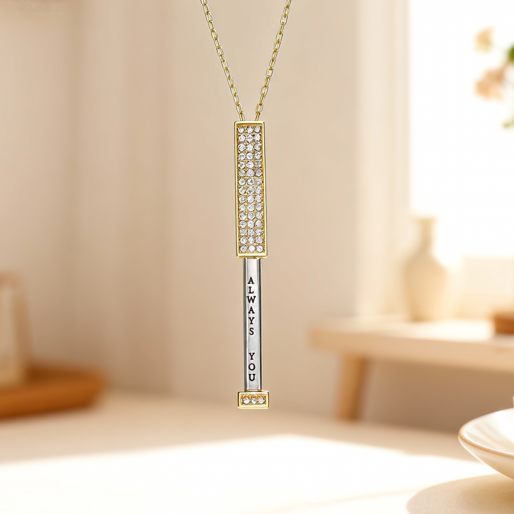 Collier Barre Gravée Sur Mesure Avec Zircon, Collier Barre Verticale Personnalisé, Collier À Message Caché, Cadeau Surprise Pour Elle - votrecollierprenomfr