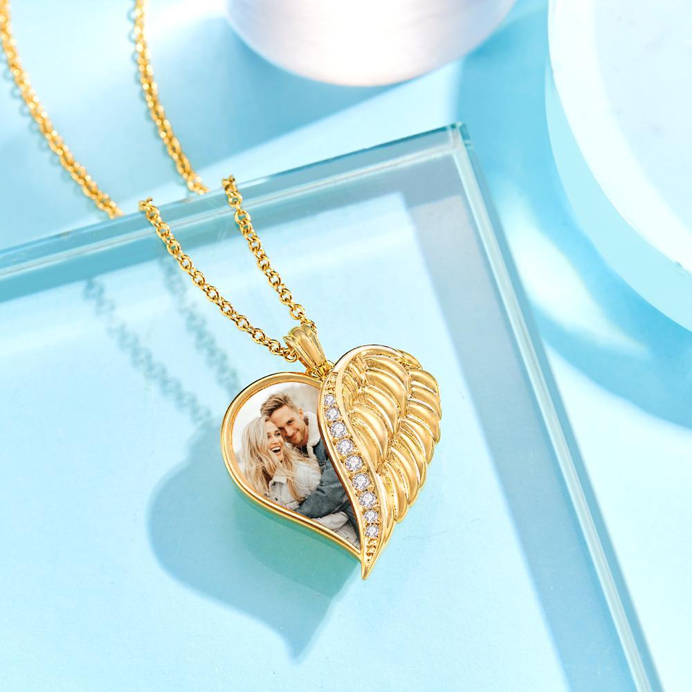 Collier Photo Gravé Personnalisé Ailes D'ange Coeur Cadeaux - votrecollierprenomfr