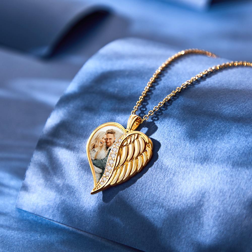 Collier Photo Gravé Personnalisé Ailes D'ange Coeur Cadeaux - votrecollierprenomfr