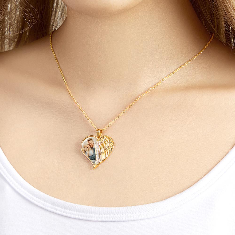 Collier Photo Gravé Personnalisé Ailes D'ange Coeur Cadeaux - votrecollierprenomfr