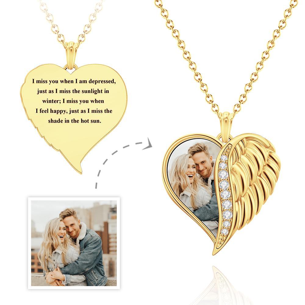 Collier Photo Gravé Personnalisé Ailes D'ange Coeur Cadeaux - votrecollierprenomfr