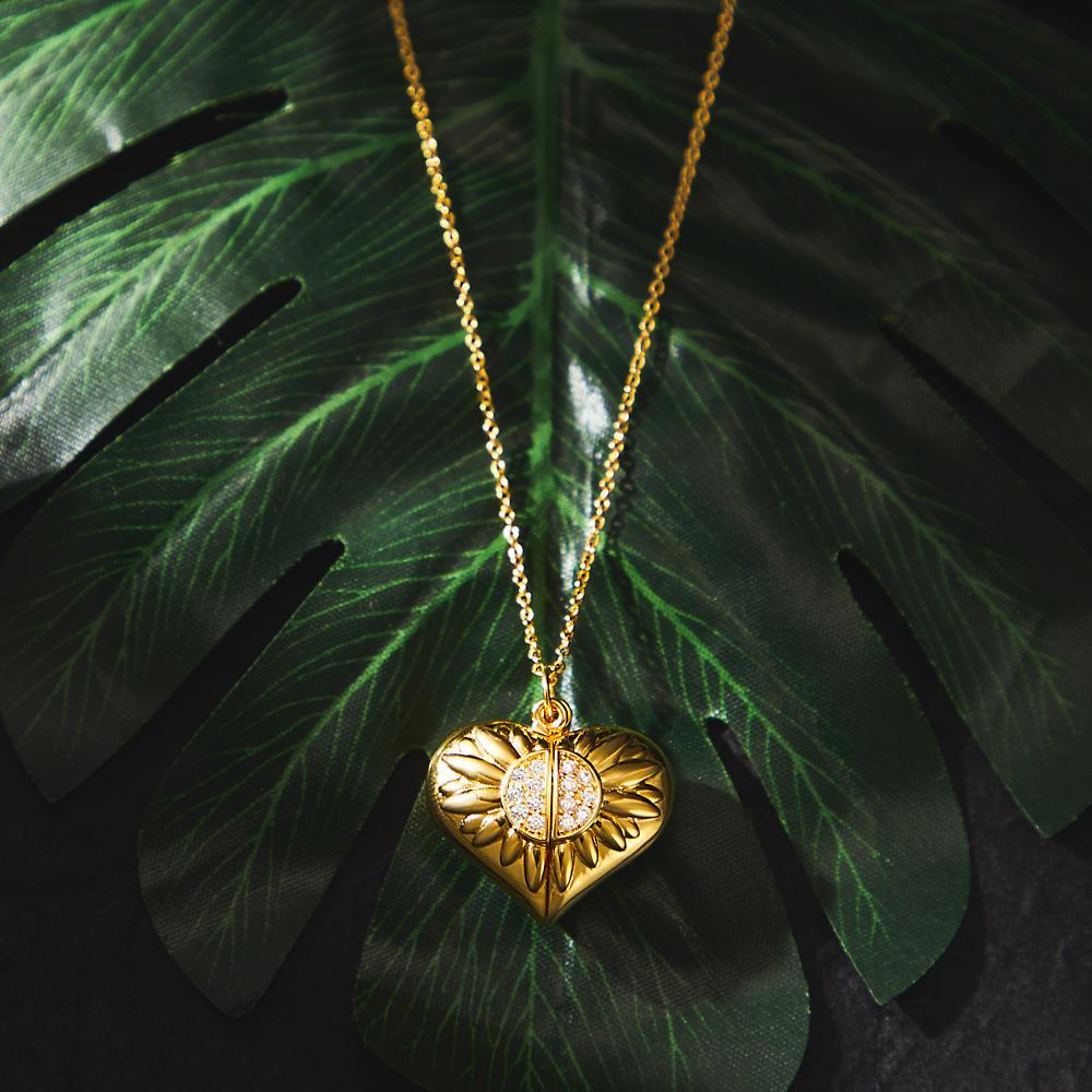 Collier Photo Personnalisé Gravé Tournesol Coeur Pendentif Collier Cadeau Pour Femme - votrecollierprenomfr