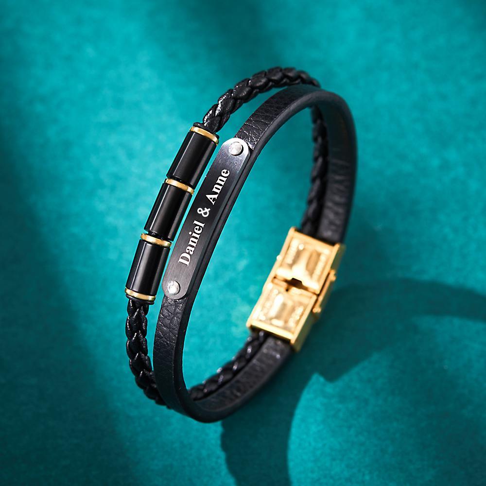 Bracelet En Cuir Pour Hommes De Style Rétro Multicouche Gravé Sur Mesure - votrecollierprenomfr