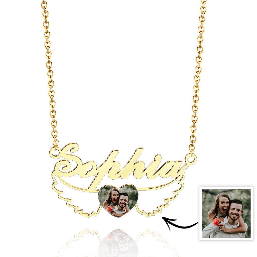 Collier Prénom Photo Personnalisé Coeur Ailes Couple Cadeaux - votrecollierprenomfr