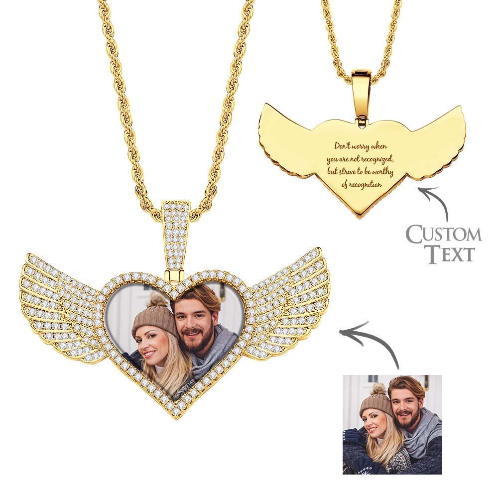 Hip Hop Photo Collier Zircon Coeur Ailes D'ange Pendentif Bijoux Cadeaux Pour Hommes - votrecollierprenomfr