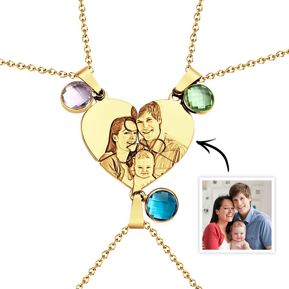 Collier Puzzle À Trois Cœurs Avec Photo Personnalisée, Pendentif Avec Pierre De Naissance, Bijoux Cadeaux Pour La Famille - votrecollierprenomfr