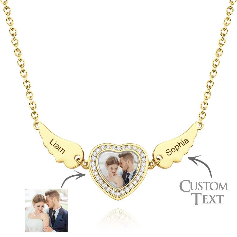 Collier Ailes D'ange Avec Photo Personnalisée, Décor En Zircon, Pendentif En Forme De Cœur, Cadeaux Pour Elle - votrecollierprenomfr