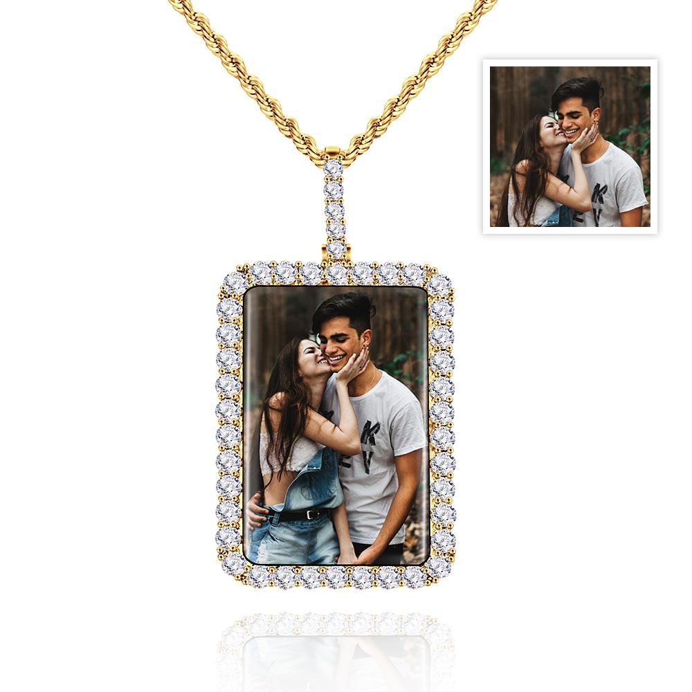 Collier Photo Personnalisé Carré Diamant Bordure Pull Chaîne Cadeaux - votrecollierprenomfr