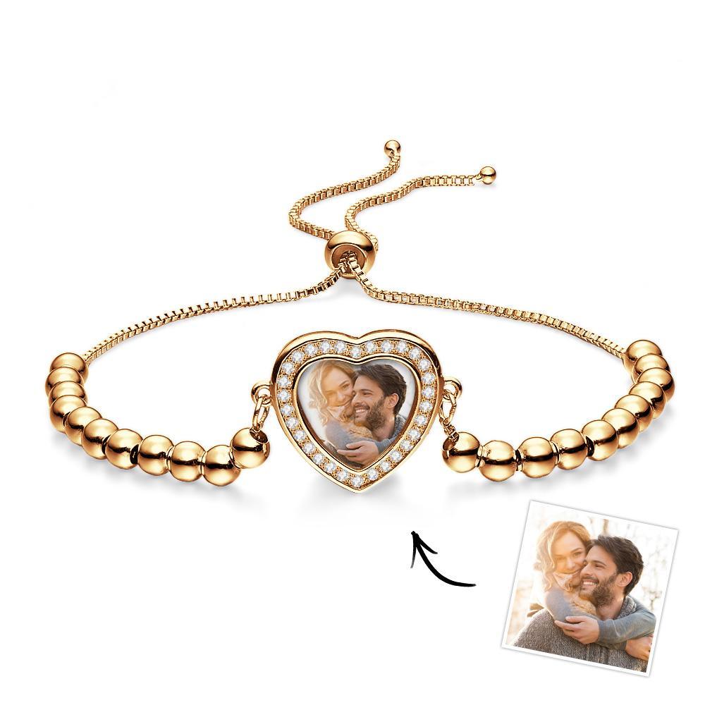 Bracelet Photo Personnalisé, Perles Personnalisées, Pendentif En Forme De Cœur En Zircon, Réglable, Cadeaux Pour Femmes - votrecollierprenomfr