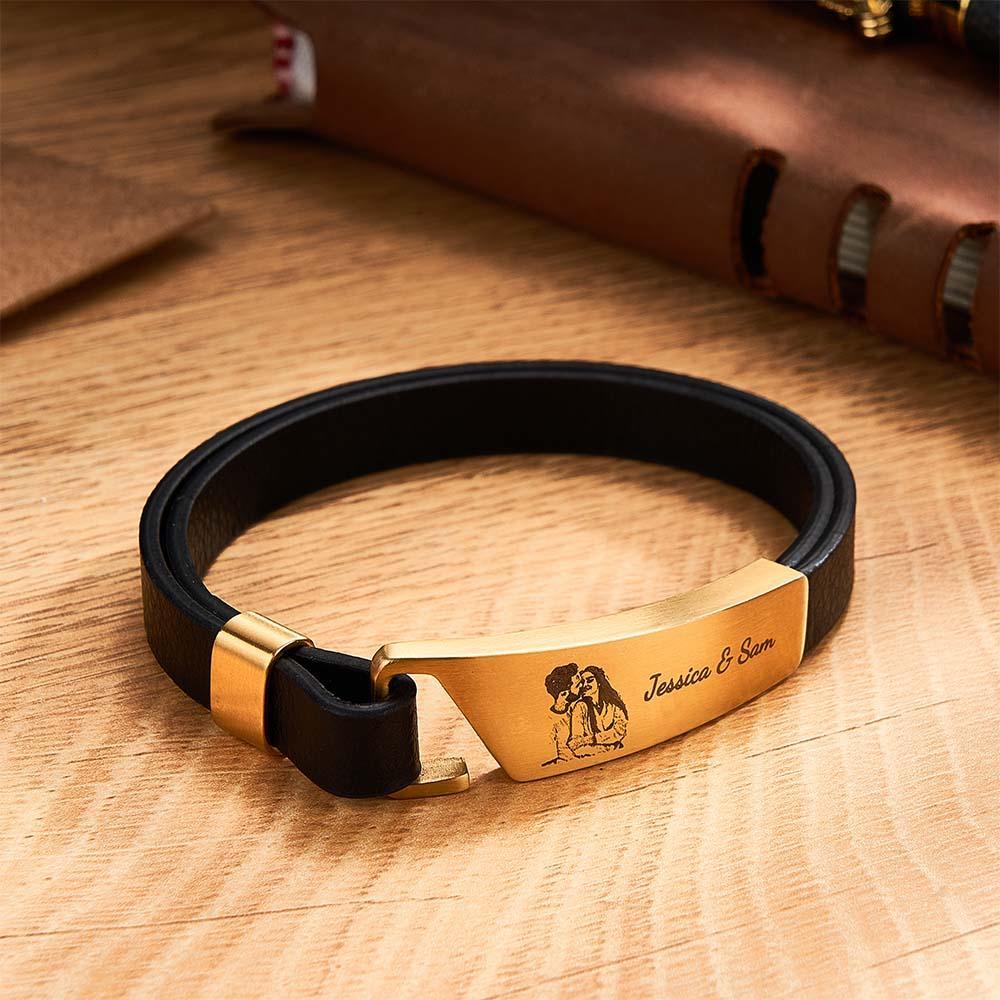 Bracelet En Cuir Photo Personnalisé Avec Texte, Bracelet Rétro Simple, Cadeau Pour Hommes - votrecollierprenomfr