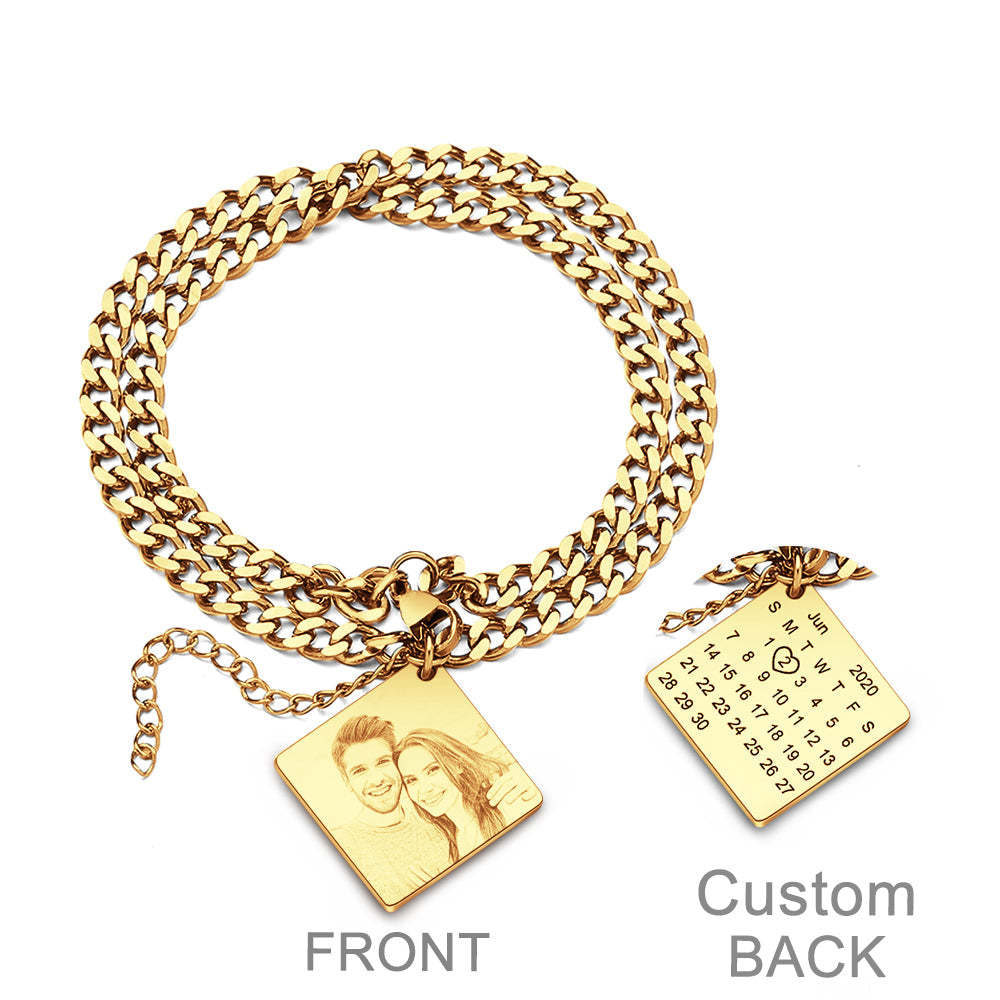 Bracelet Personnalisé Avec Photo Gravée Et Date, Calendrier Personnalisé, Double Chaîne, Cadeau Pour Hommes - votrecollierprenomfr