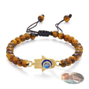 Bracelet De Projection De Photo Personnalisé, Œil De Tigre Perlé Hamsa Mauvais Œil, Amulette Pour Hommes Pour Lui - votrecollierprenomfr