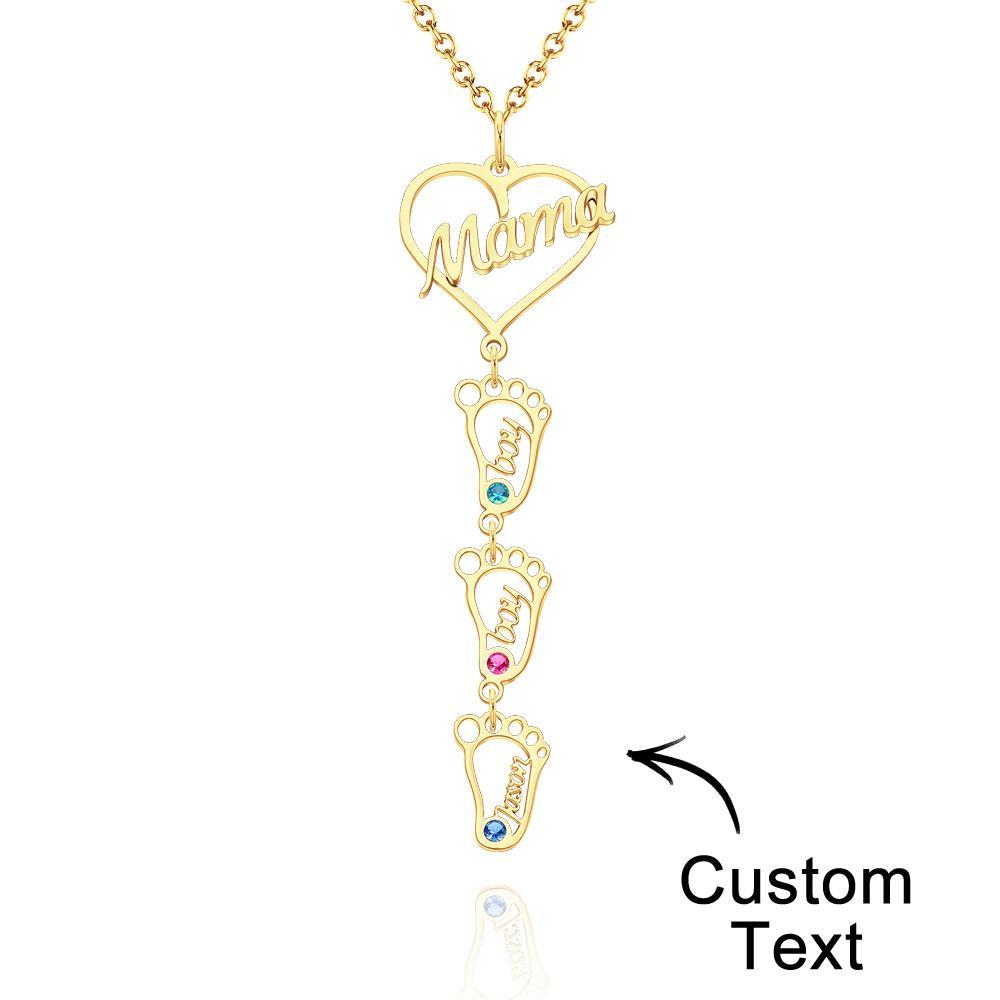 Collier Prénom Gravé Personnalisé Love Mama Coeur Avec Diamants Baby Feet Charm - votrecollierprenomfr