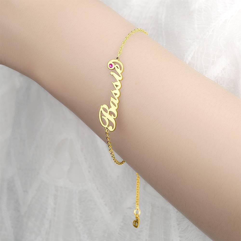 Personalized Birthday Gift Name Bracelet with Custom Birthstone 14k Gold Plated Golden