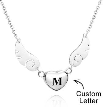 Collier Ailes D'ange Gravées Sur Mesure, Avec Lettre Et Cœur, Bijoux À Breloques, Cadeaux Pour Elle - votrecollierprenomfr
