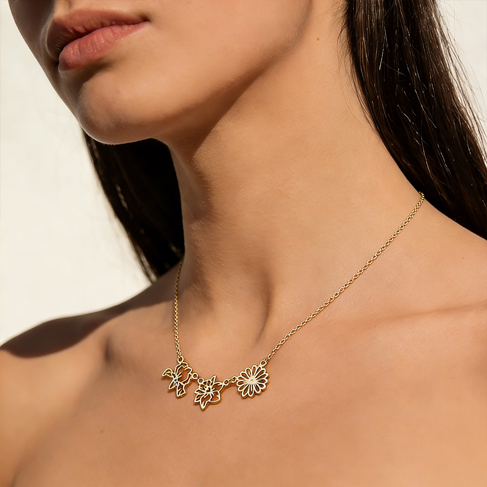 Collier Personnalisé Avec Fleur Et Pierre De Naissance - Pendentif Familial - Collier De Fleurs De Naissance - Collier De Fleurs De Naissance Familial - votrecollierprenomfr