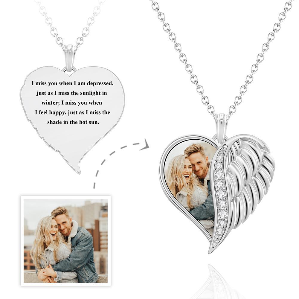 Collier Photo Gravé Personnalisé Ailes D'ange Coeur Cadeaux - votrecollierprenomfr