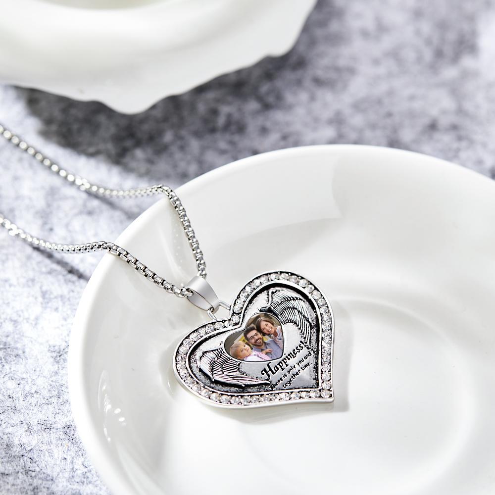 Collier Gravé Photo Personnalisé Coeur Aile Commémorer Cadeaux - votrecollierprenomfr