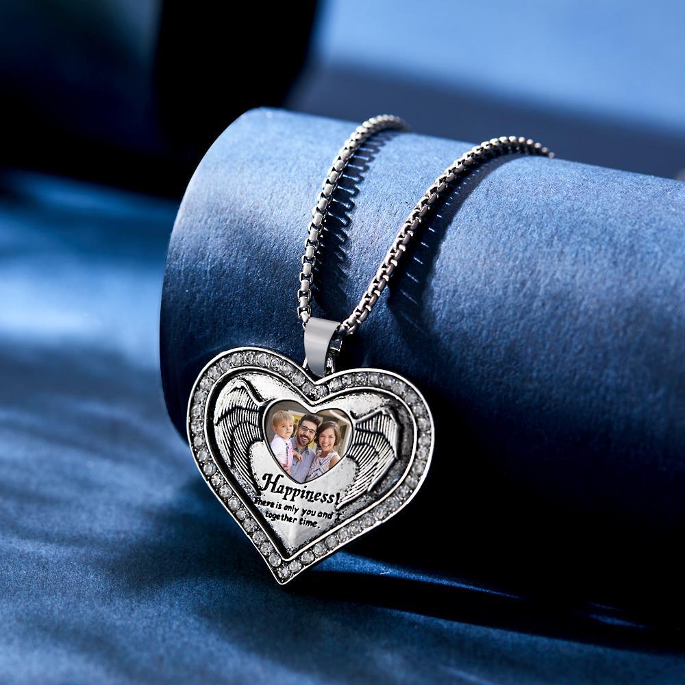 Collier Gravé Photo Personnalisé Coeur Aile Commémorer Cadeaux - votrecollierprenomfr