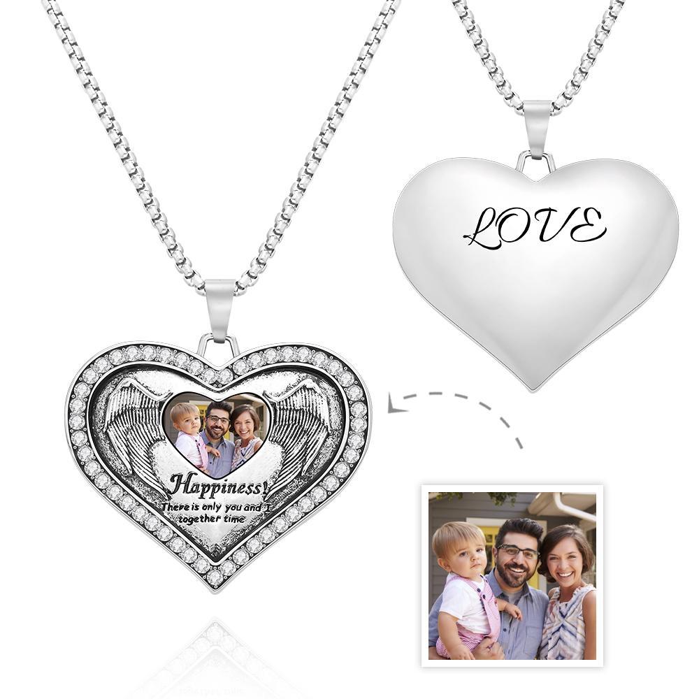 Collier Gravé Photo Personnalisé Coeur Aile Commémorer Cadeaux - votrecollierprenomfr