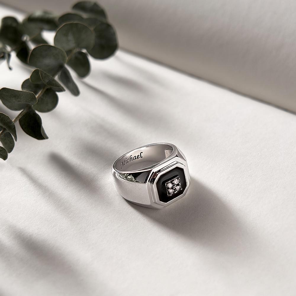 Bague De Glace Gravée, Décor Noir, Bijoux En Pierre Brillante Pour Hommes - votrecollierprenomfr