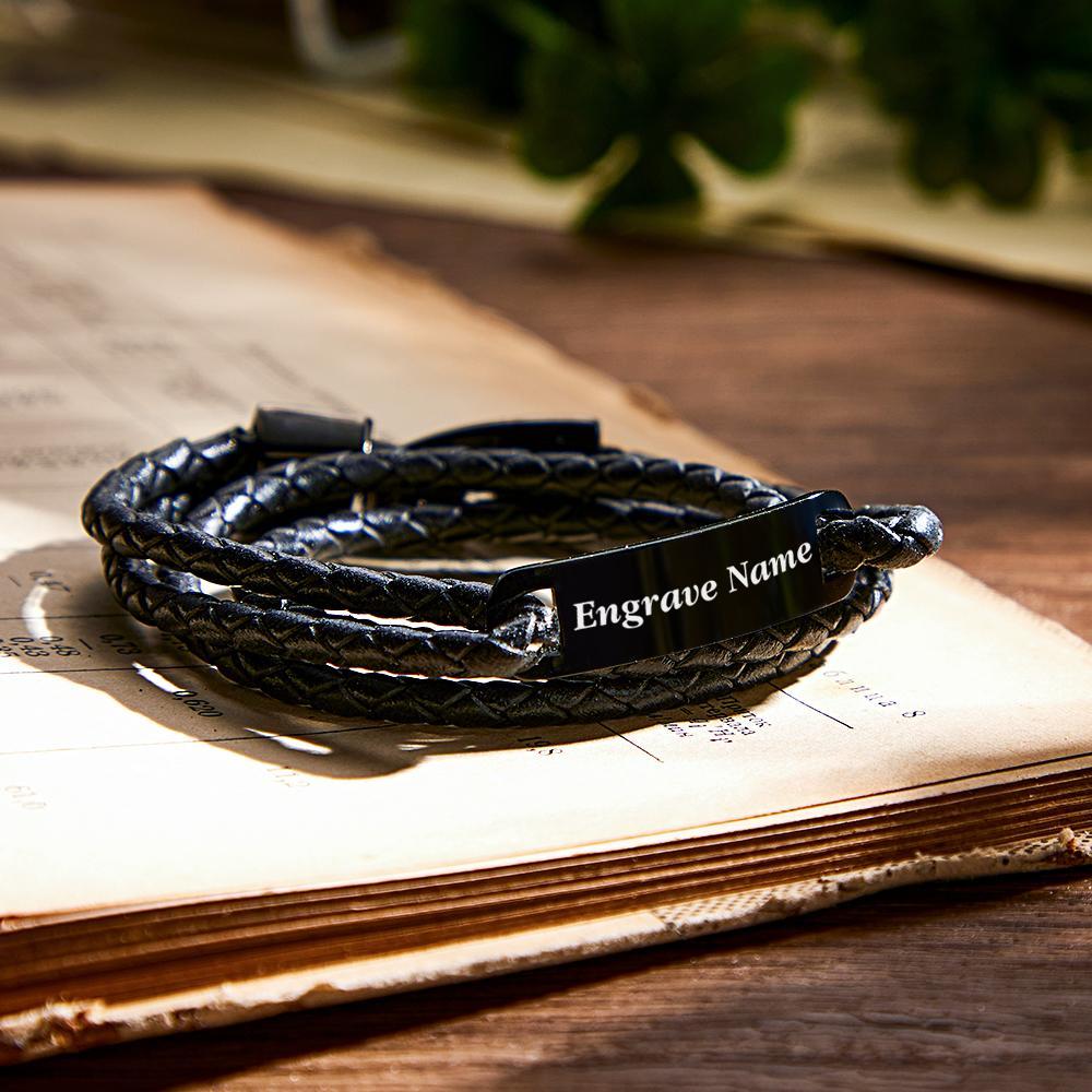 Bracelet En Cuir Personnalisé Avec Nom Gravé Bracelet Multi-tours Cadeaux Pour Lui - votrecollierprenomfr