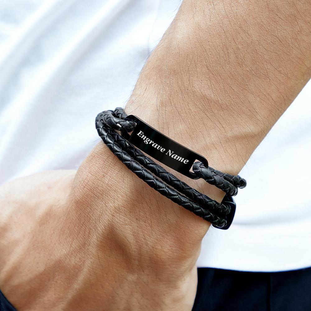 Bracelet En Cuir Personnalisé Avec Nom Gravé Bracelet Multi-tours Cadeaux Pour Lui - votrecollierprenomfr