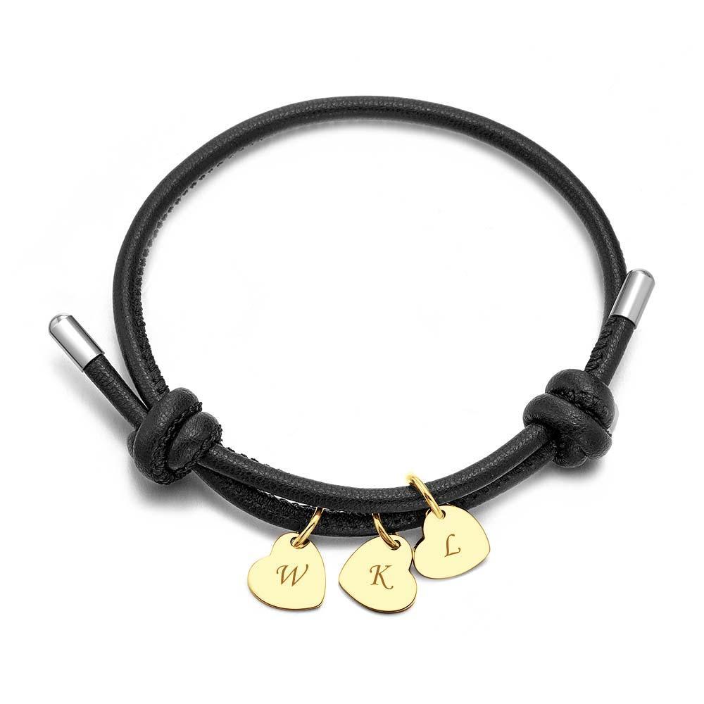 Bracelet En Cuir Gravé Avec Pendentifs En Forme De Cœur, Réglable, Exquis, Cadeaux Pour Les Amoureux - votrecollierprenomfr