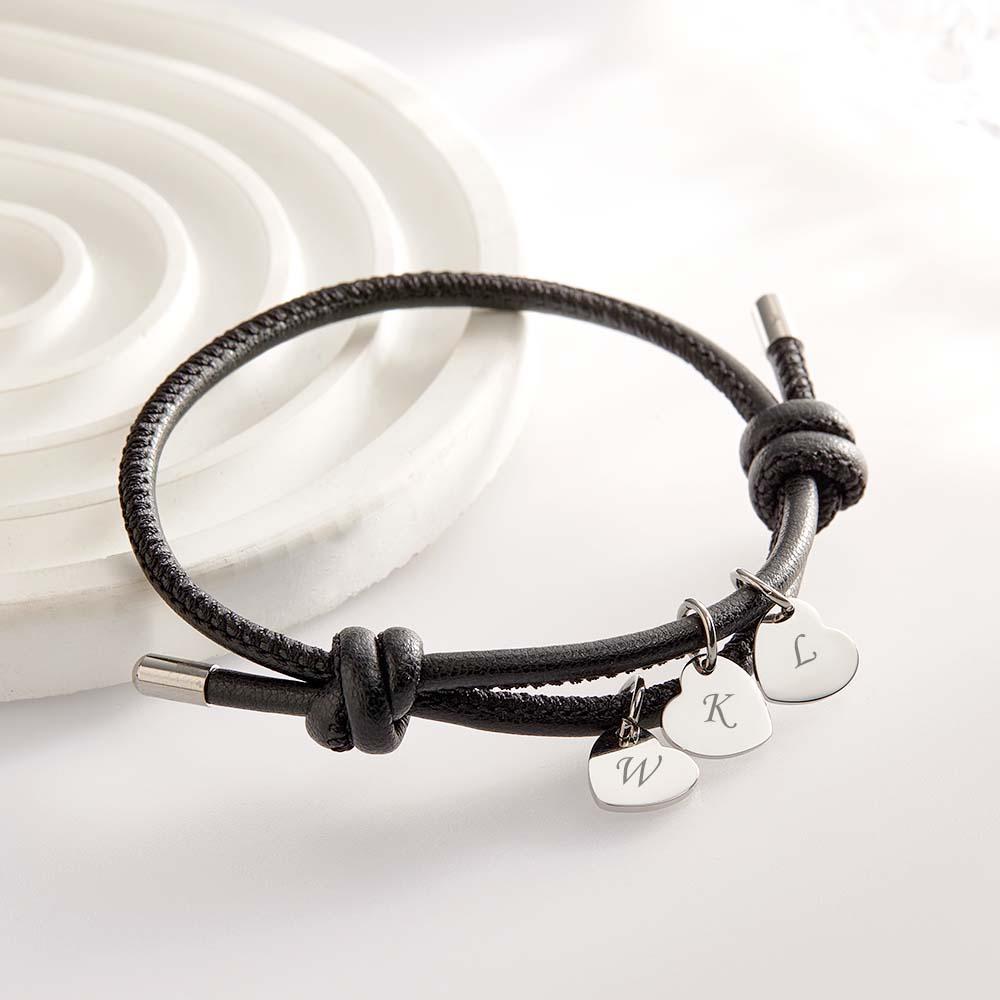 Bracelet En Cuir Gravé Avec Pendentifs En Forme De Cœur, Réglable, Exquis, Cadeaux Pour Les Amoureux - votrecollierprenomfr