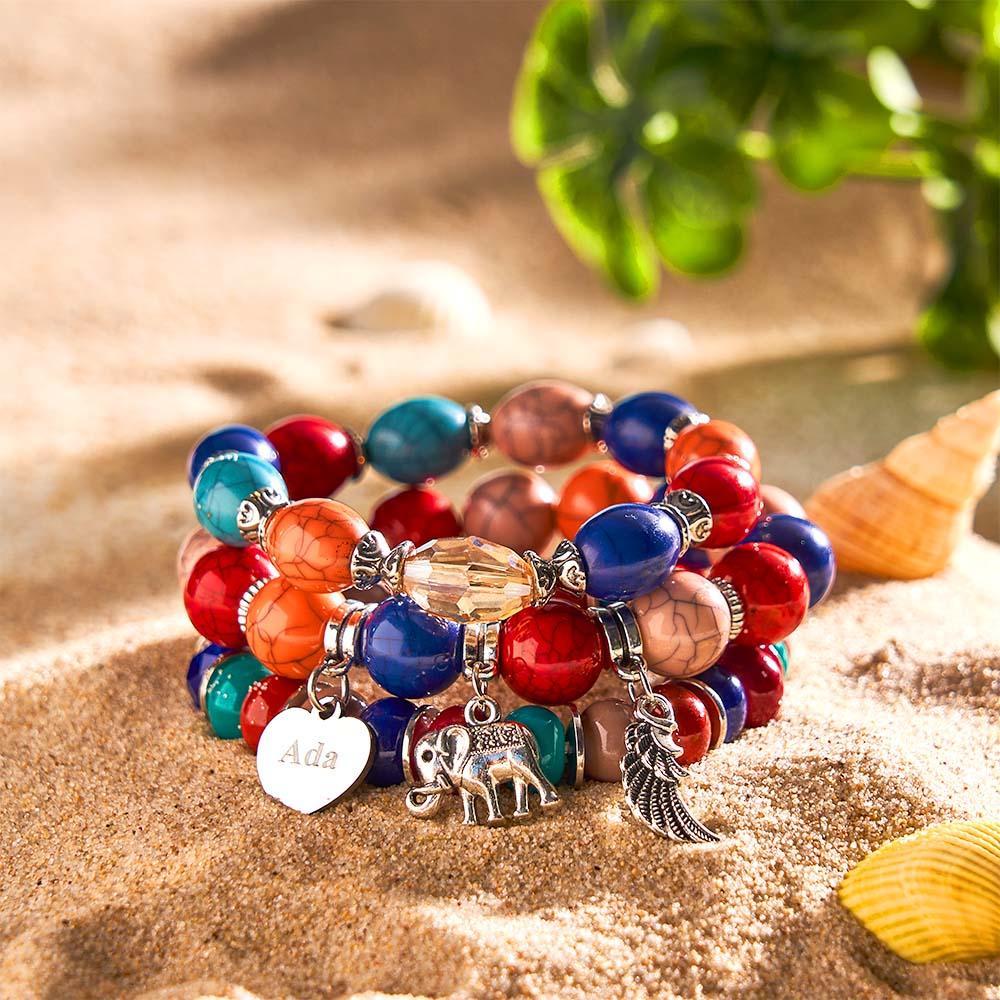 Bracelet Gravé Personnalisé, Style Bohème, Cadeaux Rétro De Plage - votrecollierprenomfr