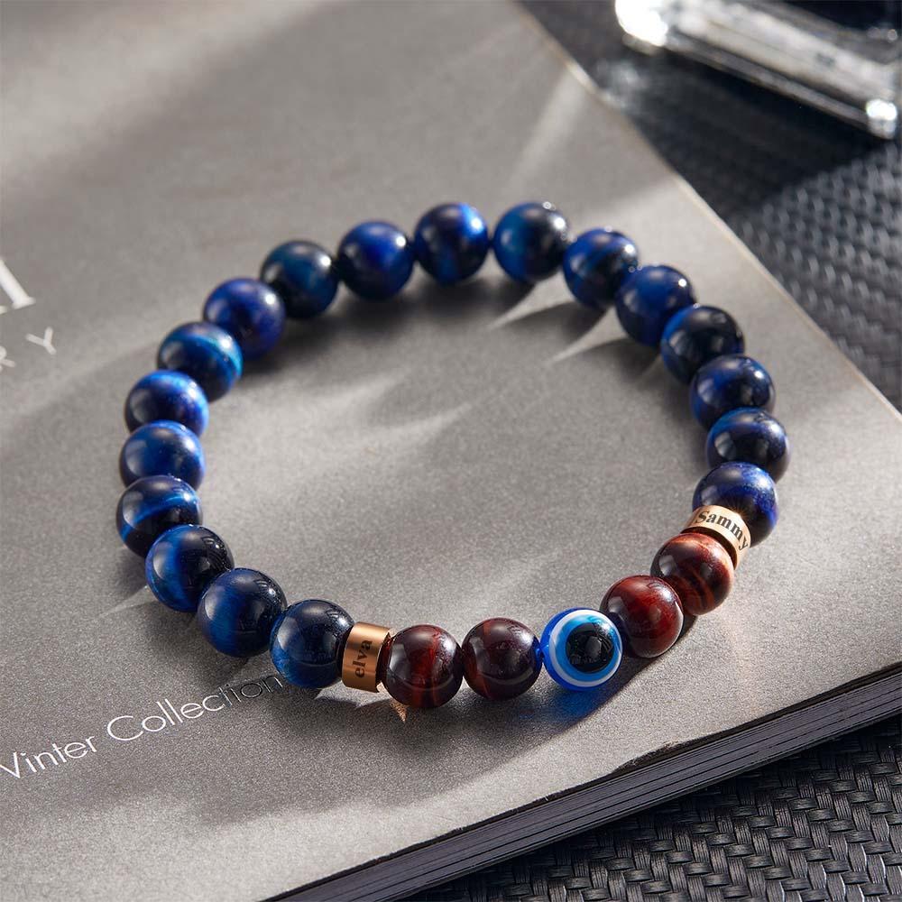 Bracelet Amulette Gravé Personnalisé Mauvais Œil Bleu Et Rouge Œil De Tigre Bracelet Perlé Pour Hommes - votrecollierprenomfr