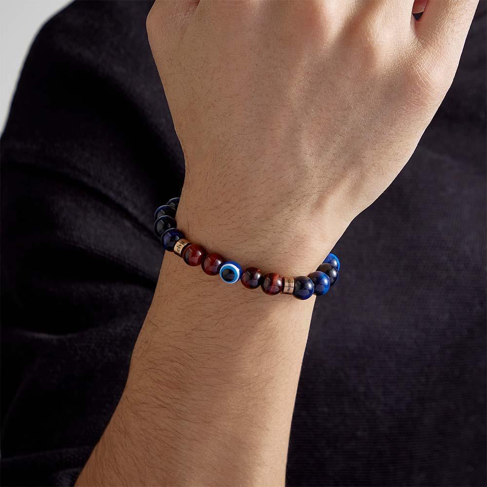 Bracelet Amulette Gravé Personnalisé Mauvais Œil Bleu Et Rouge Œil De Tigre Bracelet Perlé Pour Hommes - votrecollierprenomfr