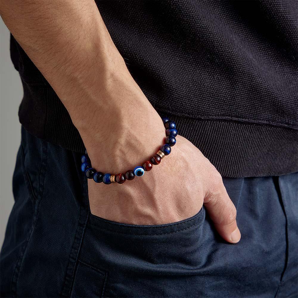 Bracelet Amulette Gravé Personnalisé Mauvais Œil Bleu Et Rouge Œil De Tigre Bracelet Perlé Pour Hommes - votrecollierprenomfr