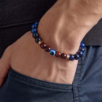 Bracelet Amulette Gravé Personnalisé Mauvais Œil Bleu Et Rouge Œil De Tigre Bracelet Perlé Pour Hommes - votrecollierprenomfr