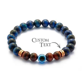 Bracelet Amulette Gravé Personnalisé Mauvais Œil Bleu Et Rouge Œil De Tigre Bracelet Perlé Pour Hommes - votrecollierprenomfr