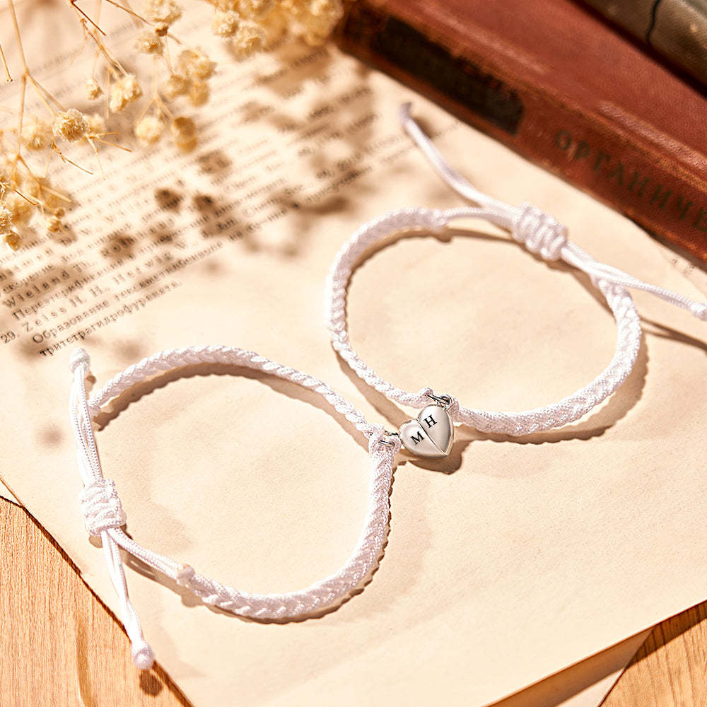 Bracelet Lettre Personnalisé Tissé Coeur Magnétique Cadeau De Couple - votrecollierprenomfr