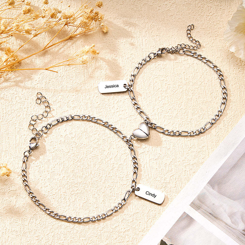 Bracelet Gravé Personnalisé Coeur Magnétique Chaîne Simple Cadeau De Couple - votrecollierprenomfr