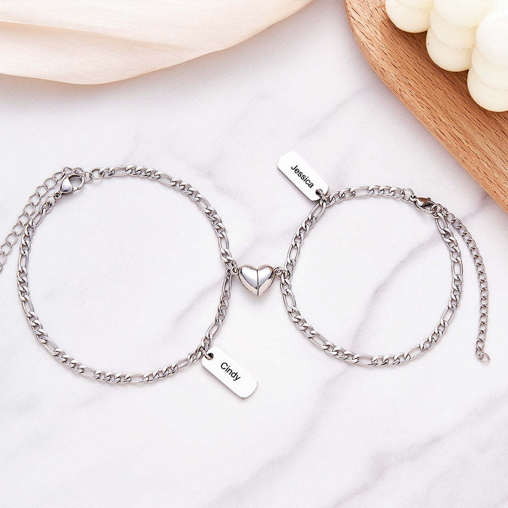 Bracelet Gravé Personnalisé Coeur Magnétique Chaîne Simple Cadeau De Couple - votrecollierprenomfr