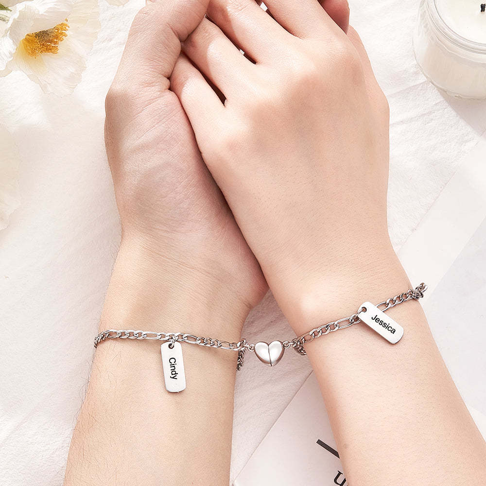 Bracelet Gravé Personnalisé Coeur Magnétique Chaîne Simple Cadeau De Couple - votrecollierprenomfr