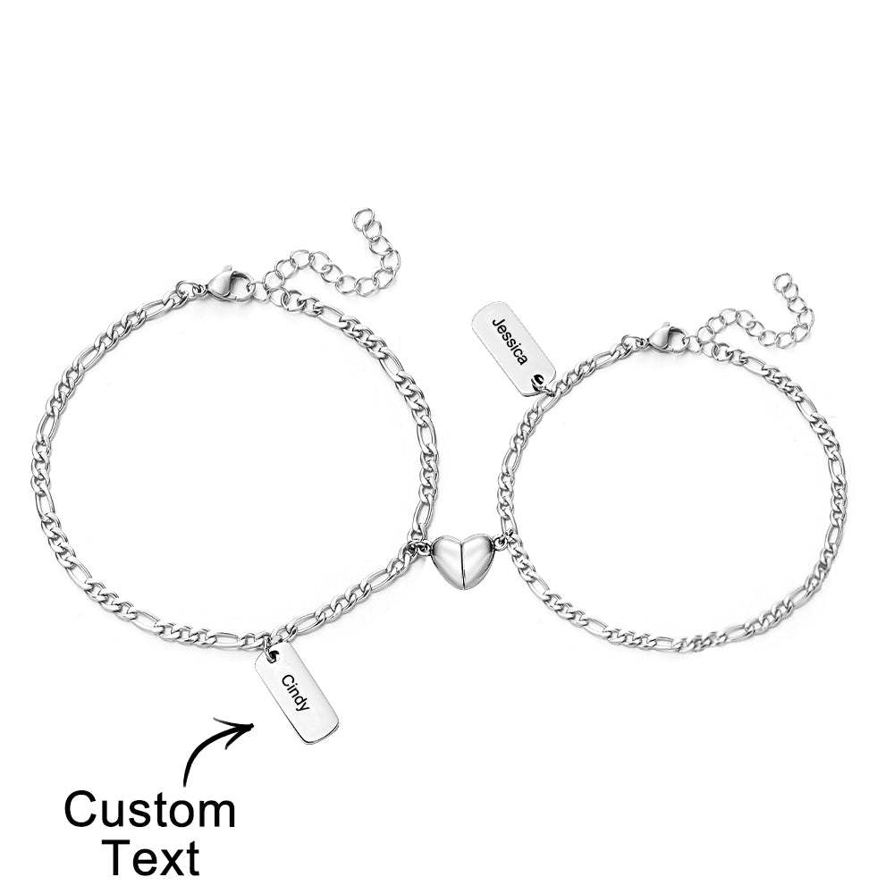 Bracelet Gravé Personnalisé Coeur Magnétique Chaîne Simple Cadeau De Couple - votrecollierprenomfr