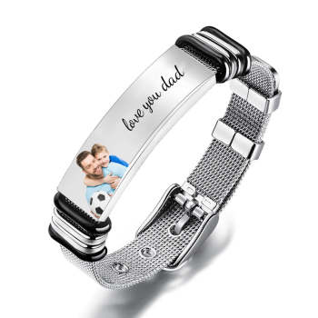 Bracelet Gravé Personnalisé Avec Photo Cadeau Fête Des Pères En Acier Inoxydable Pour Papa - votrecollierprenomfr