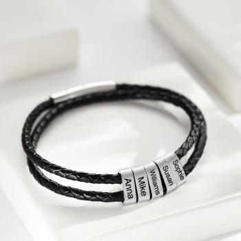 Bracelet Gravé Personnalisé Perles Cuir Tressé Cadeaux Homme - votrecollierprenomfr