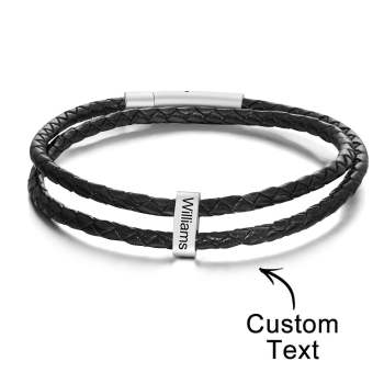 Bracelet Gravé Personnalisé Perles Cuir Tressé Cadeaux Homme - votrecollierprenomfr