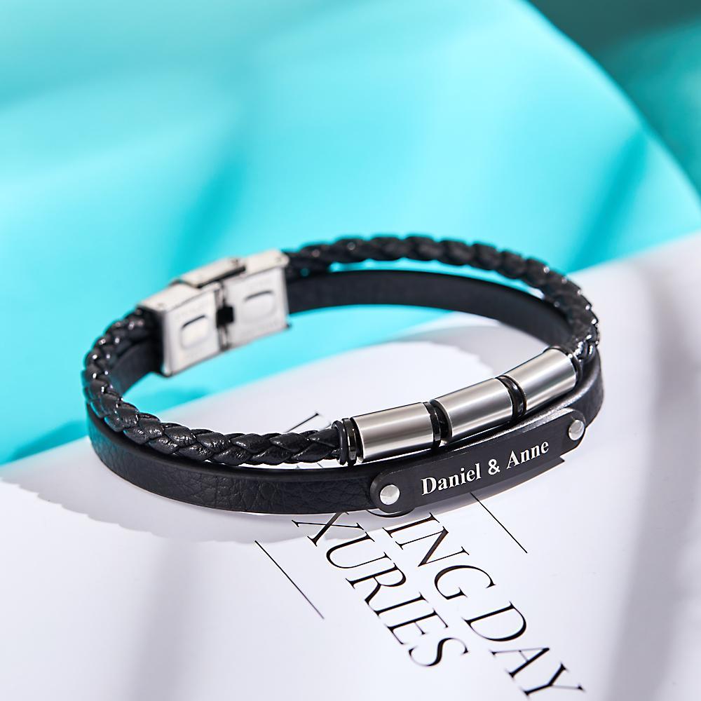 Bracelet En Cuir Pour Hommes De Style Rétro Multicouche Gravé Sur Mesure - votrecollierprenomfr