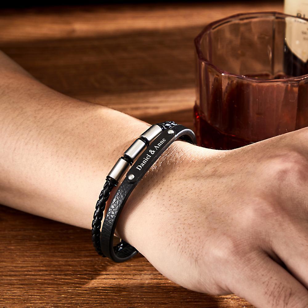 Bracelet En Cuir Pour Hommes De Style Rétro Multicouche Gravé Sur Mesure - votrecollierprenomfr