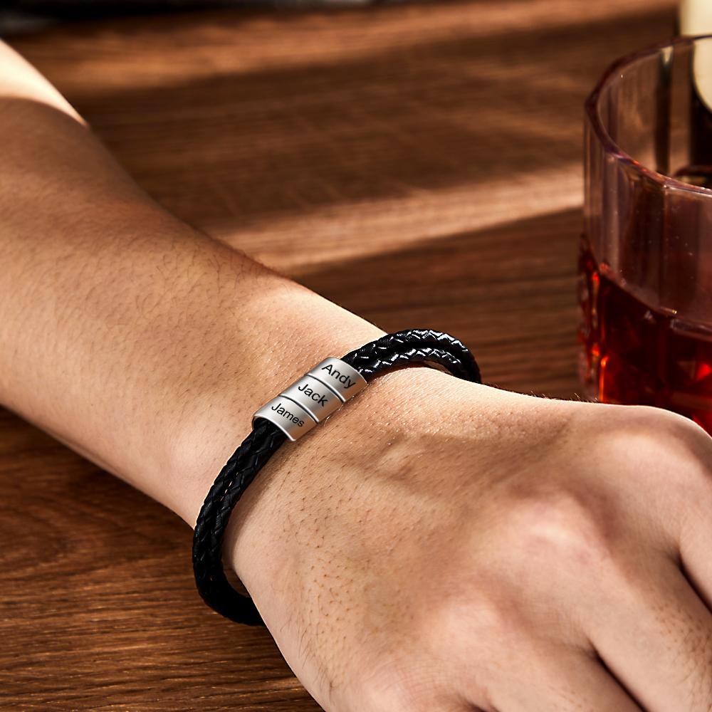 Bracelet En Cuir Tressé Personnalisé Nom Personnalisé Bracelet À Plusieurs Couches Pour Homme - votrecollierprenomfr