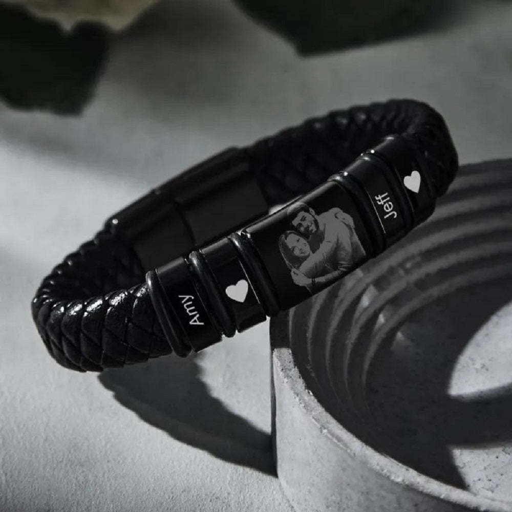Bracelet En Cuir Avec Photo Gravée Personnalisée, Cadeau D'anniversaire Pour Homme - votrecollierprenomfr