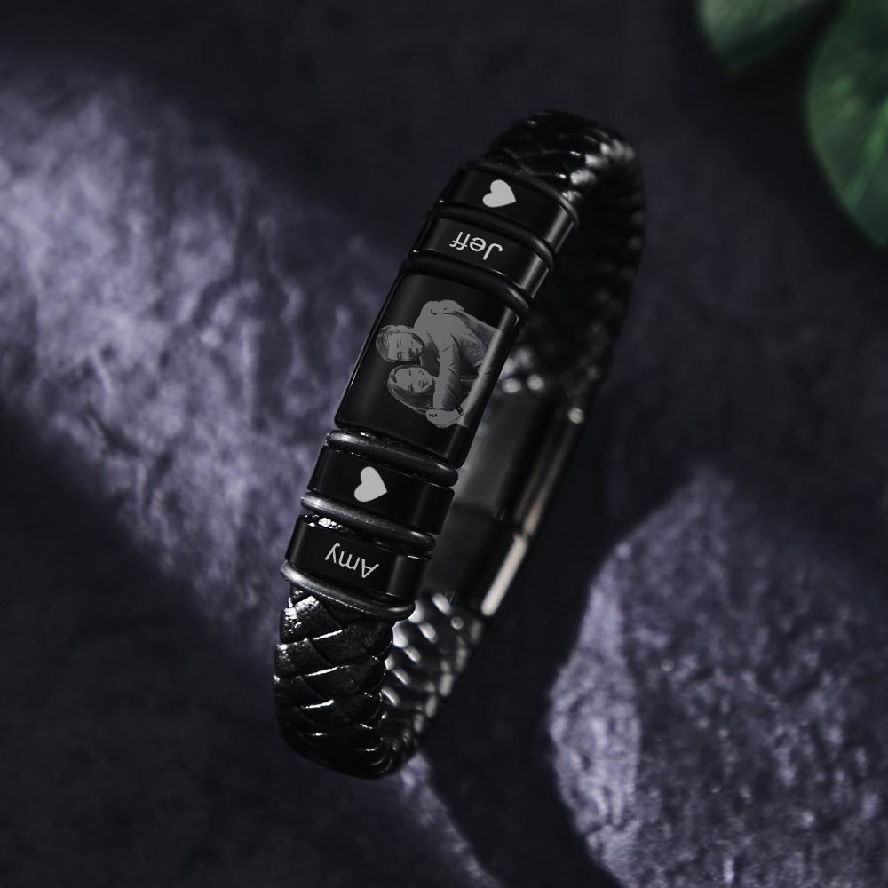 Bracelet Gravé Photo Personnalisé Bracelet Homme Cuir Personnalisé Cadeau Anniversaire - votrecollierprenomfr